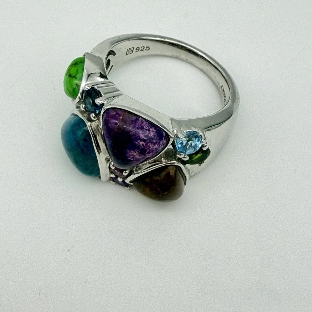 Vtg Lorenzo Sterling Silver Multi Gemstone Ring Turquoise Chrome Diopside QVC S7